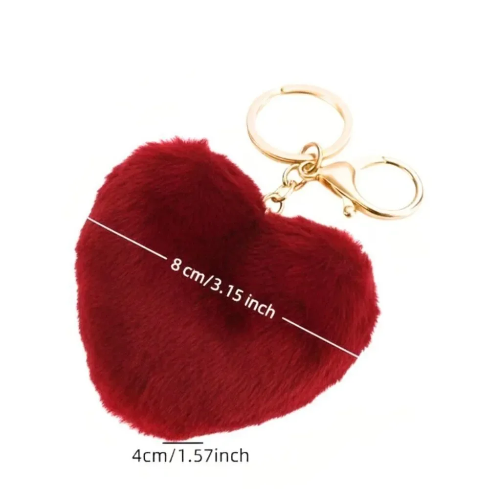 Plush Red Heart Keychain Fluffy Bag Charm Heart Shaped Purse Charm Golden Metal